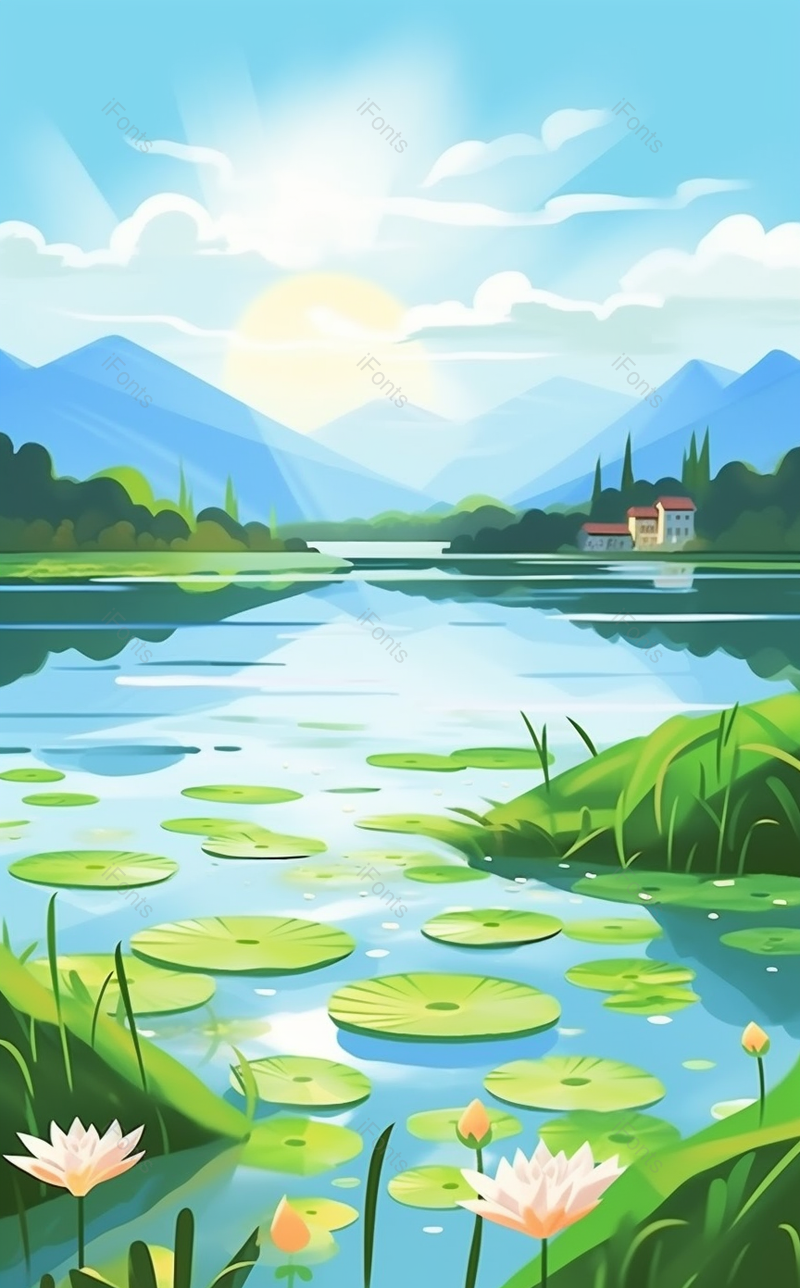 安静的夏天乡下的池塘荷花风景,插画/手绘图,插画/手绘图库,插画/手绘图下载,插画/手绘